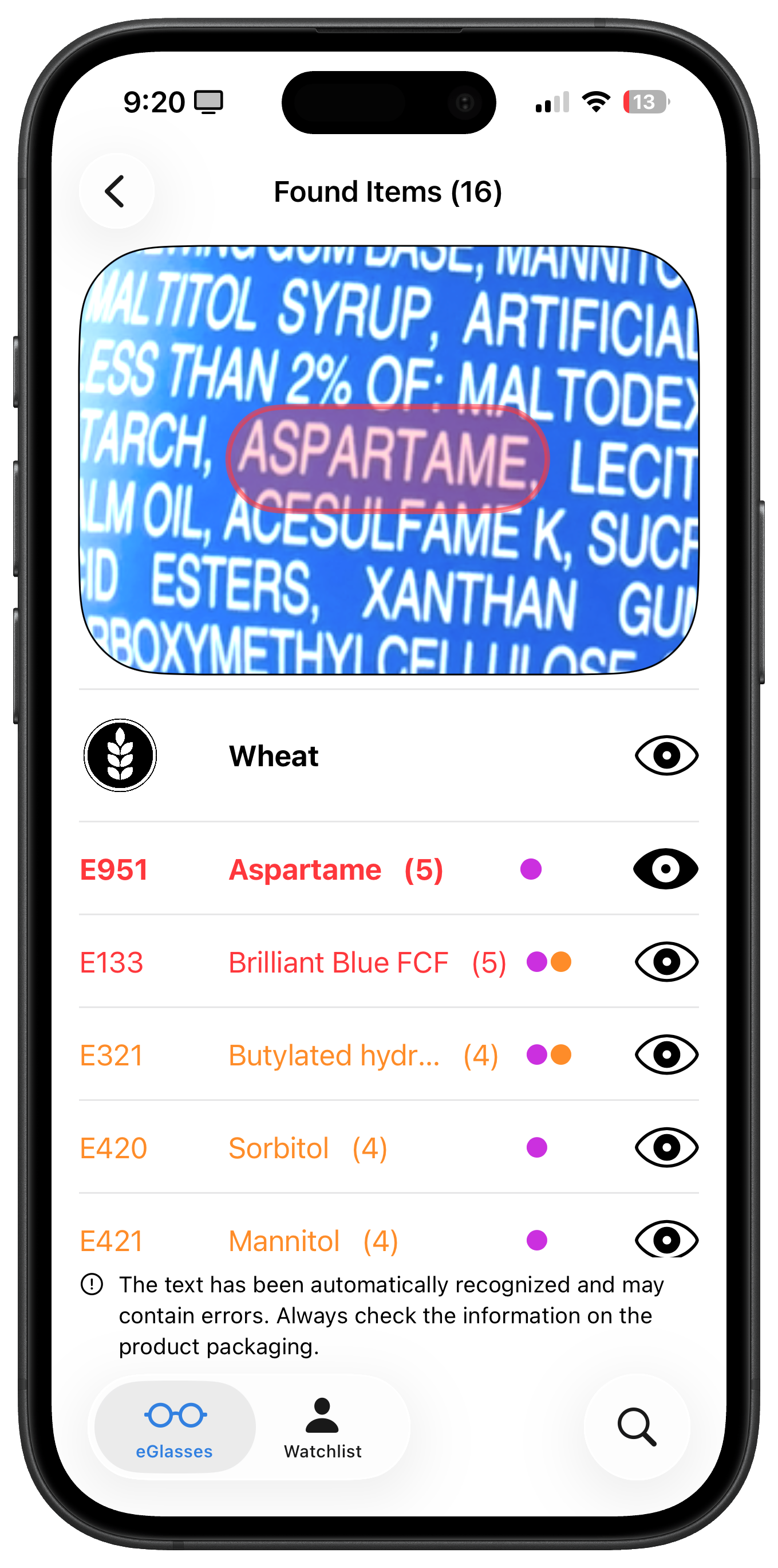Real spot of scanned text: Aspartame.