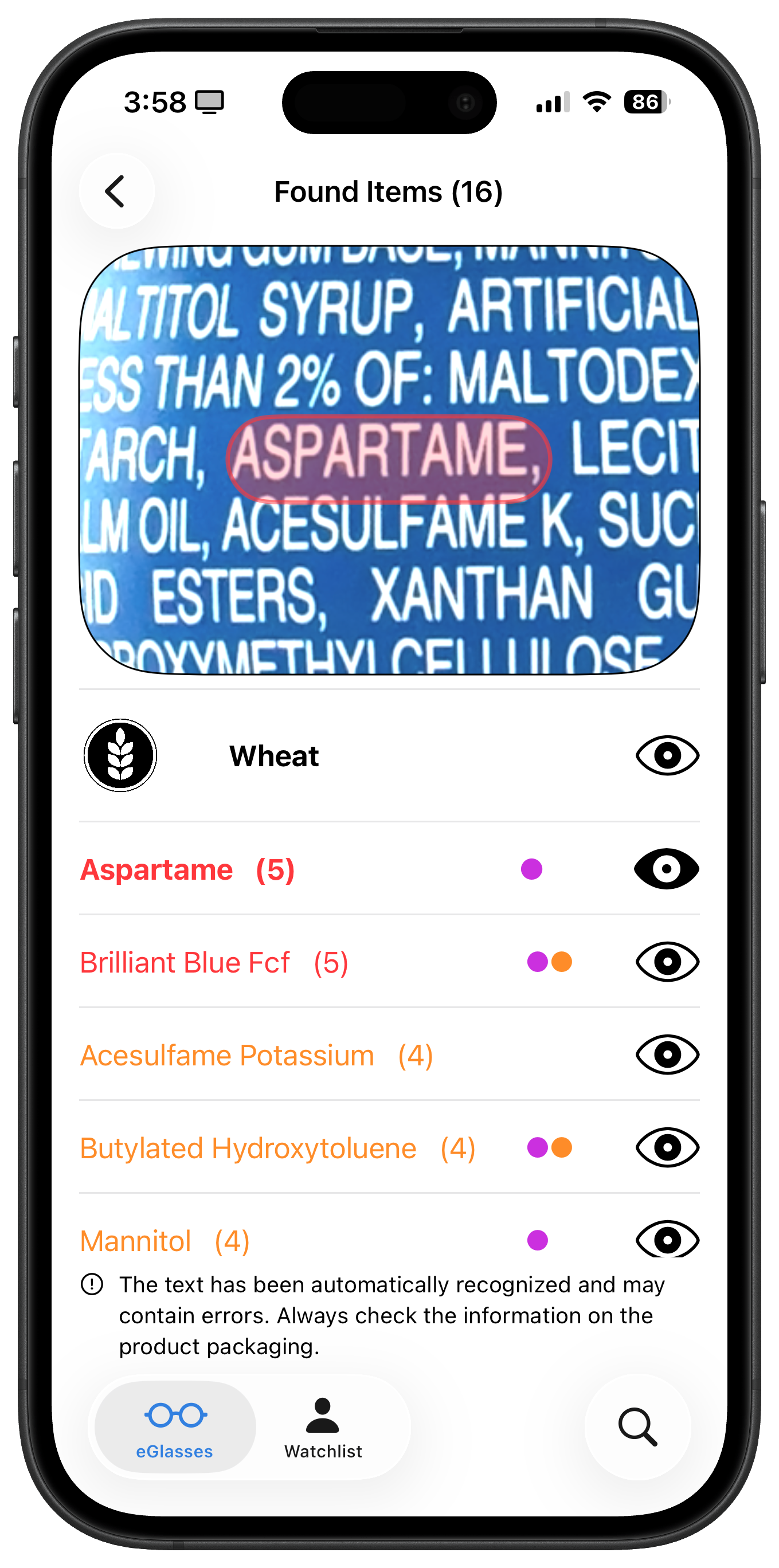 Real spot of scanned text: Aspartame.